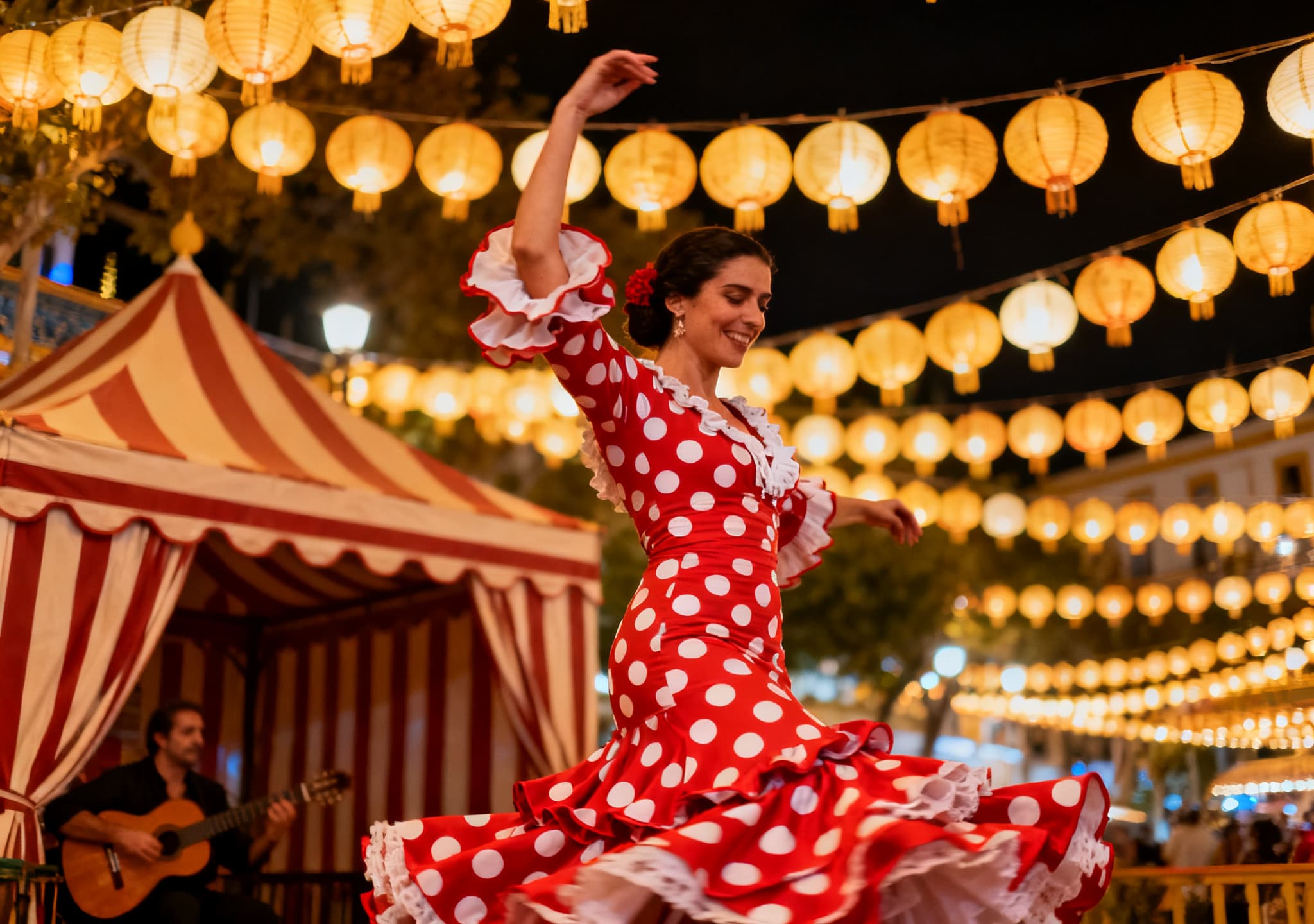 A Sevillana dancer in a red polka-dot dress at the Feria de Abril, under paper lanterns