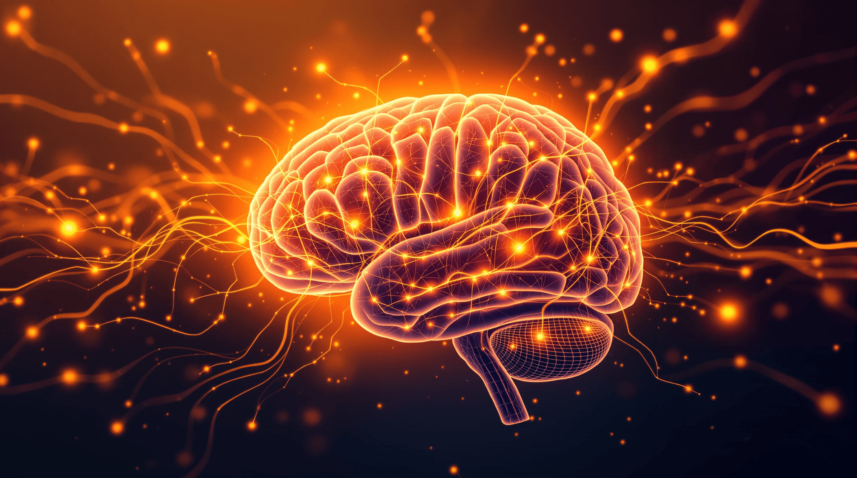 Brain with sound waves and neural pathways lighting up